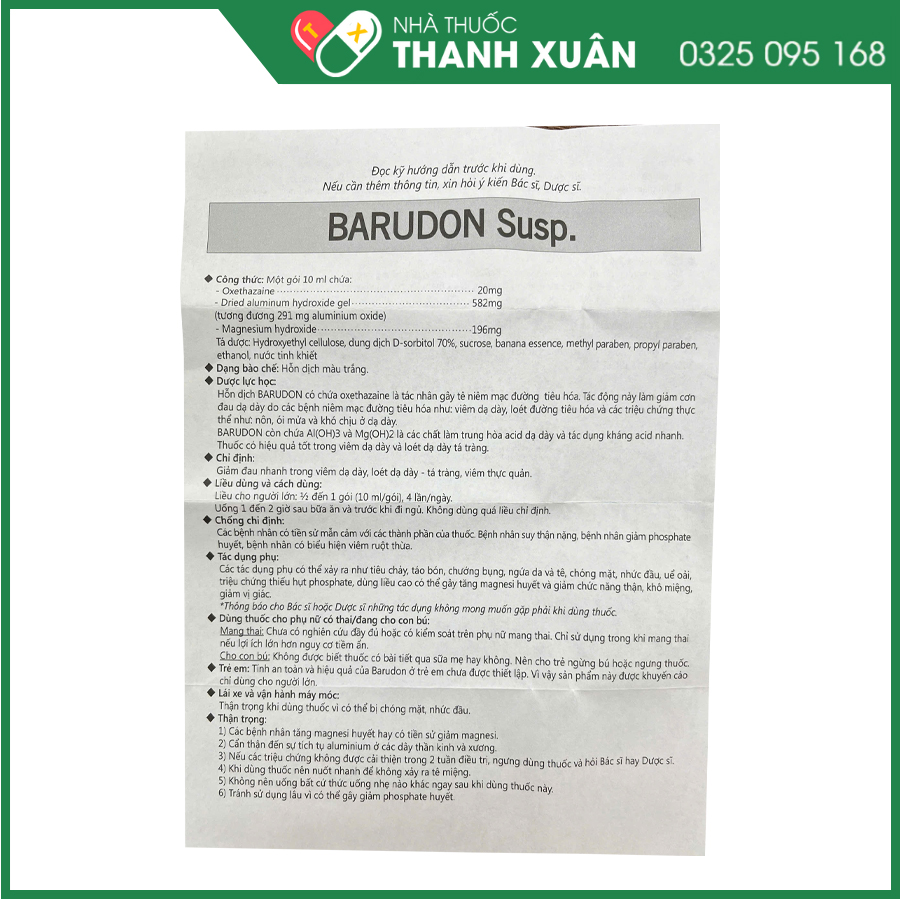 BARUDON Susp có tác dụng giảm đau nhanh trong viêm dạ dày, loét dạ dày - tá tràng, viêm thực quản